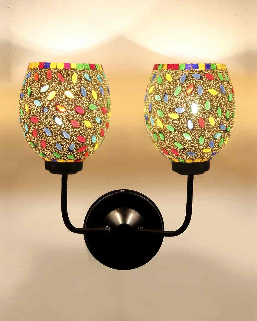 Charming Mosaic Glass Wall Mounted Dual Lamp With Iron Base | Set of 2 | 5 x 11 x 14 inches