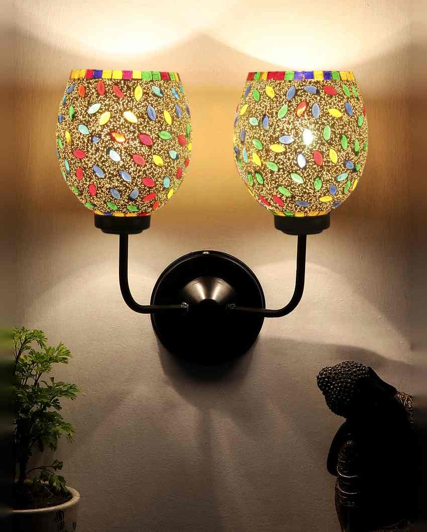 Charming Mosaic Glass Wall Mounted Dual Lamp With Iron Base | Set of 2 | 5 x 11 x 14 inches