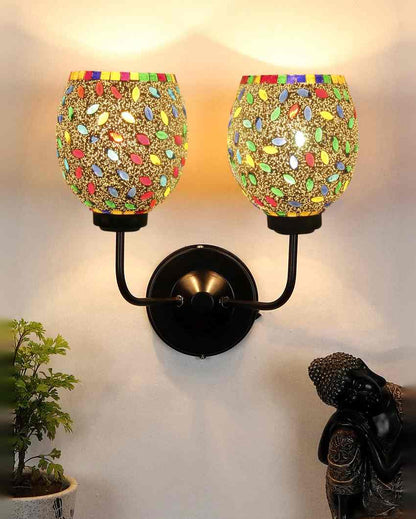 Charming Mosaic Glass Wall Mounted Dual Lamp With Iron Base | Set of 2 | 5 x 11 x 14 inches