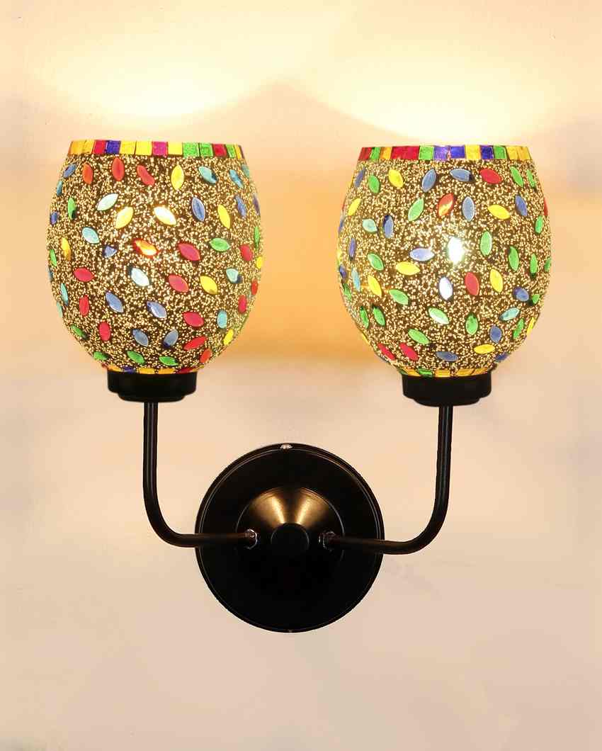 Charming Mosaic Glass Wall Mounted Dual Lamp With Iron Base | Set of 2 | 5 x 11 x 14 inches