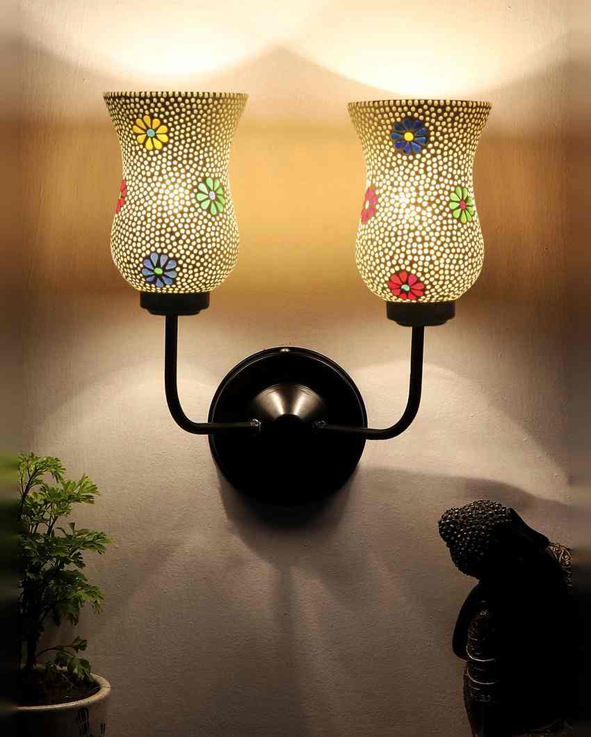 Handcrafted Elegant Mosaic Glass Wall Mounted Dual Lamp With Iron Base | Set of 2 | 5 x 11 x 14 inches