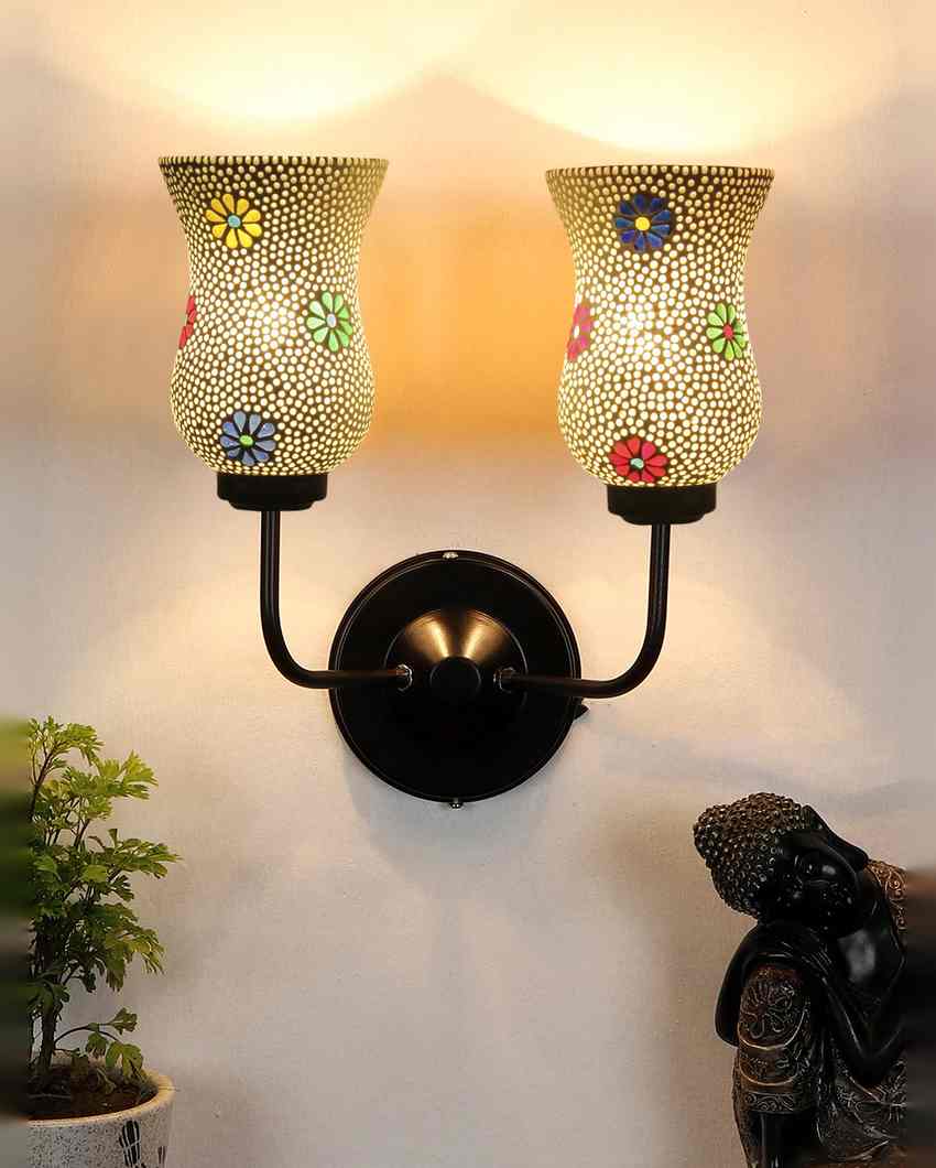 Handcrafted Elegant Mosaic Glass Wall Mounted Dual Lamp With Iron Base | Set of 2 | 5 x 11 x 14 inches