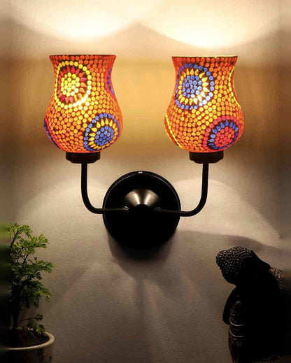 Unique Mosaic Glass Wall Mounted Dual Lamp With Iron Base | Set of 2 | 5 x 11 x 14 inches