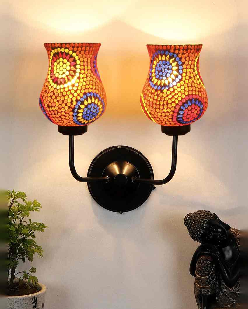 Unique Mosaic Glass Wall Mounted Dual Lamp With Iron Base | Set of 2 | 5 x 11 x 14 inches