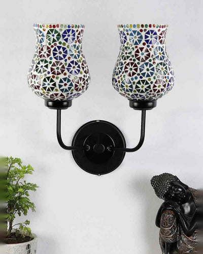 Vibrant Unique Mosaic Glass Wall Mounted Dual Lamp With Iron Base | Set of 2 | 5 x 11 x 14 inches