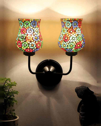 Vibrant Unique Mosaic Glass Wall Mounted Dual Lamp With Iron Base | Set of 2 | 5 x 11 x 14 inches