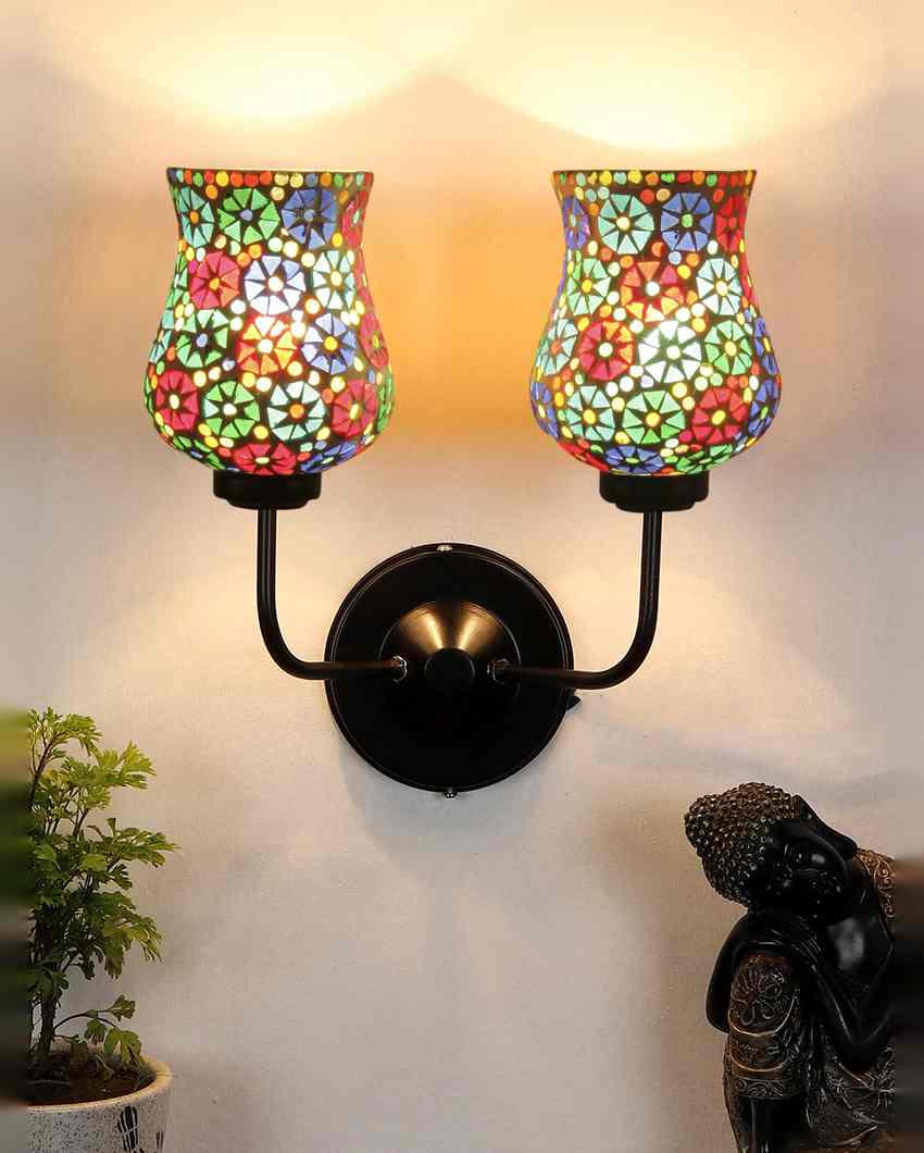 Vibrant Unique Mosaic Glass Wall Mounted Dual Lamp With Iron Base | Set of 2 | 5 x 11 x 14 inches