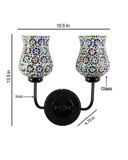 Vibrant Unique Mosaic Glass Wall Mounted Dual Lamp With Iron Base | Set of 2 | 5 x 11 x 14 inches