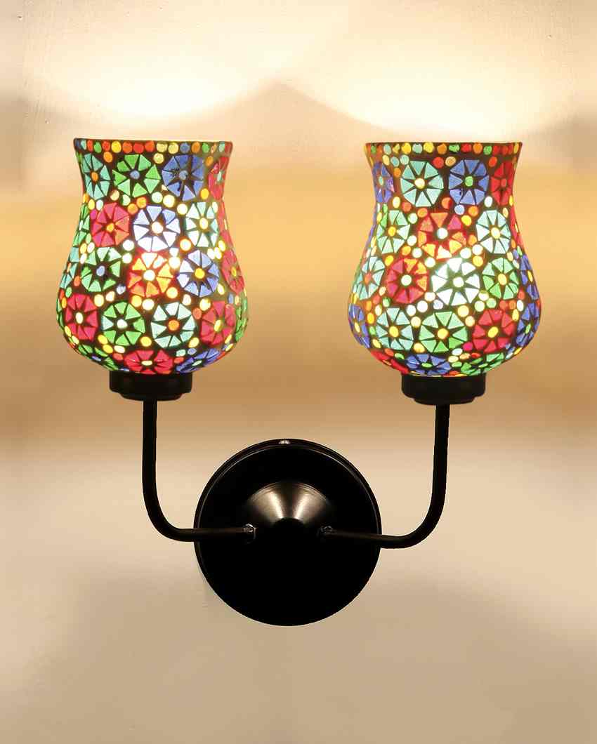 Vibrant Unique Mosaic Glass Wall Mounted Dual Lamp With Iron Base | Set of 2 | 5 x 11 x 14 inches