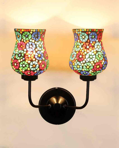 Vibrant Unique Mosaic Glass Wall Mounted Dual Lamp With Iron Base | Set of 2 | 5 x 11 x 14 inches