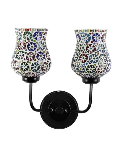 Vibrant Unique Mosaic Glass Wall Mounted Dual Lamp With Iron Base | Set of 2 | 5 x 11 x 14 inches