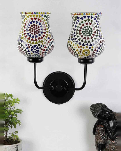 Decorative Artistic Mosaic Glass Wall Mounted Dual Lamp With Iron Base | Set of 2 | 5 x 11 x 14 inches