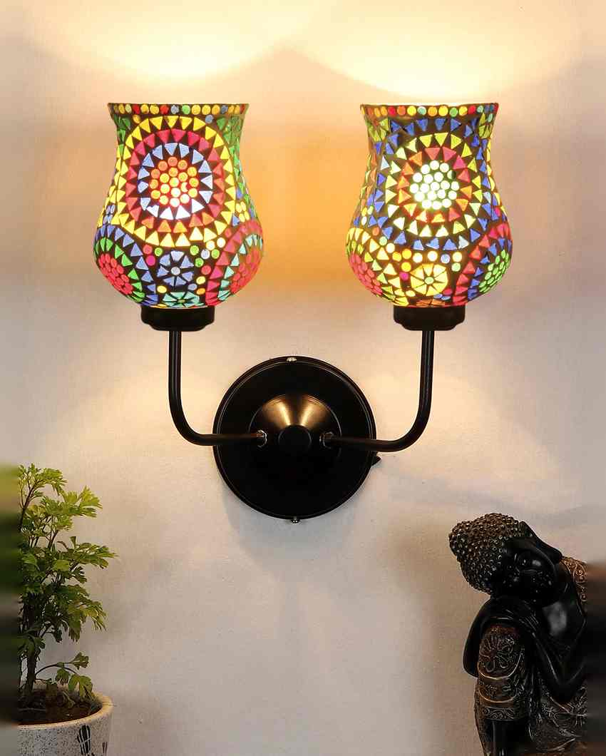 Decorative Artistic Mosaic Glass Wall Mounted Dual Lamp With Iron Base | Set of 2 | 5 x 11 x 14 inches