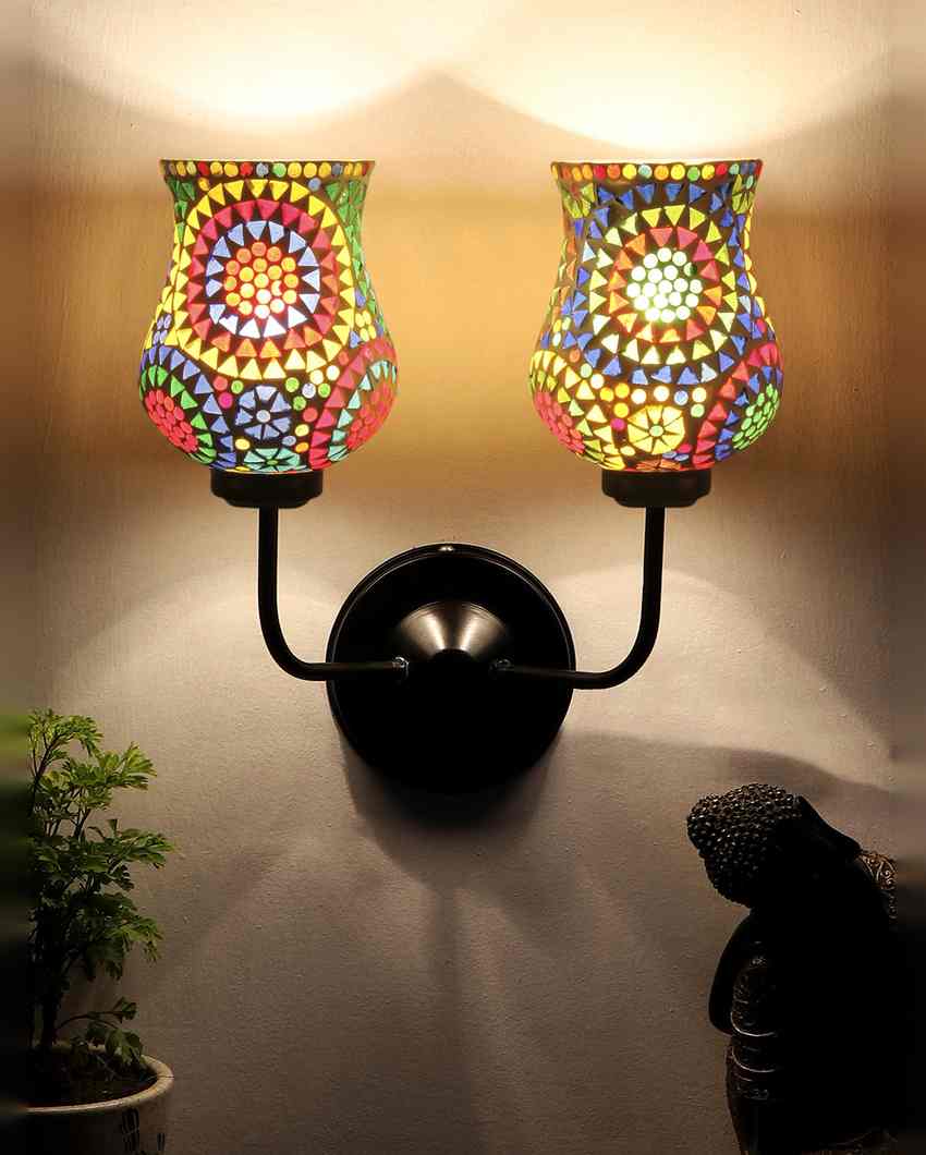 Decorative Artistic Mosaic Glass Wall Mounted Dual Lamp With Iron Base | Set of 2 | 5 x 11 x 14 inches