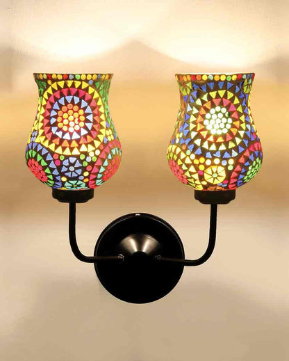 Decorative Artistic Mosaic Glass Wall Mounted Dual Lamp With Iron Base | Set of 2 | 5 x 11 x 14 inches