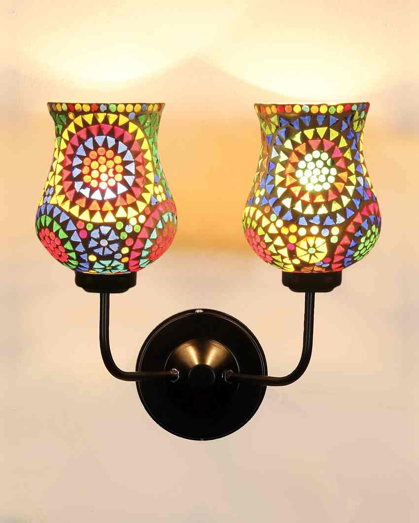 Decorative Artistic Mosaic Glass Wall Mounted Dual Lamp With Iron Base | Set of 2 | 5 x 11 x 14 inches