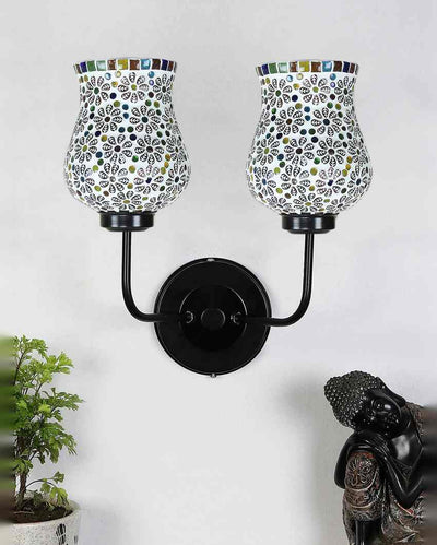 Handcrafted Detailed Mosaic Glass Wall Mounted Dual Lamp With Iron Base | Set of 2 | 5 x 11 x 14 inches