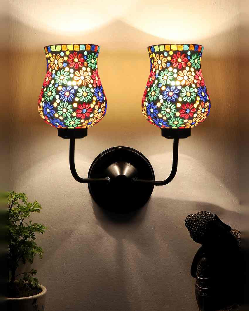 Handcrafted Detailed Mosaic Glass Wall Mounted Dual Lamp With Iron Base | Set of 2 | 5 x 11 x 14 inches