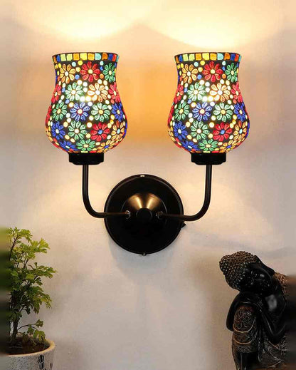 Handcrafted Detailed Mosaic Glass Wall Mounted Dual Lamp With Iron Base | Set of 2 | 5 x 11 x 14 inches