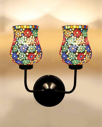 Handcrafted Detailed Mosaic Glass Wall Mounted Dual Lamp With Iron Base | Set of 2 | 5 x 11 x 14 inches