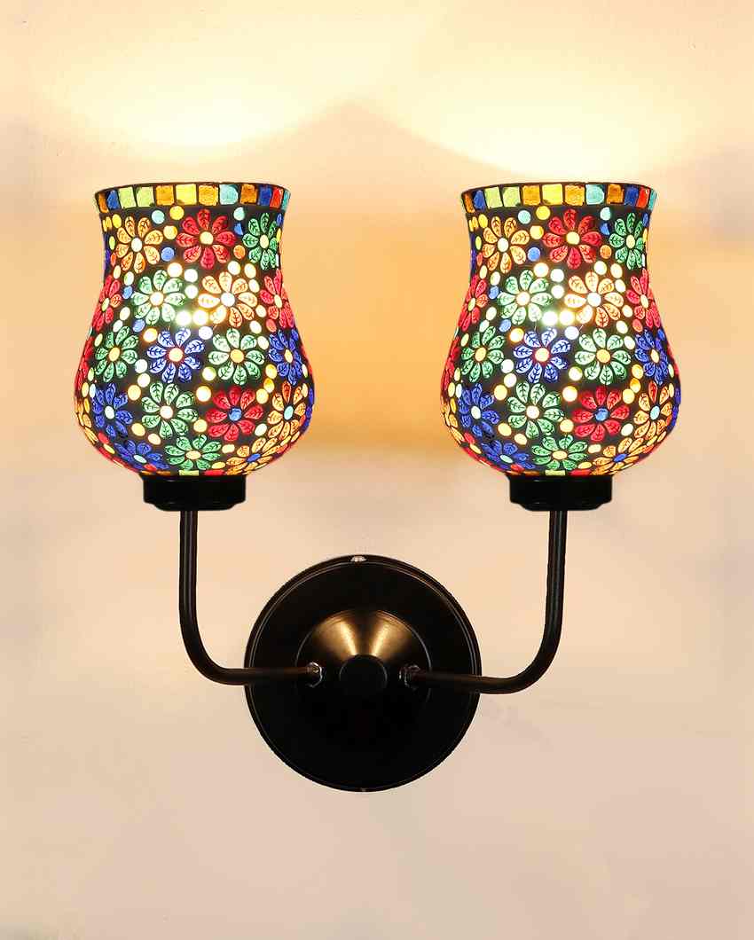 Handcrafted Detailed Mosaic Glass Wall Mounted Dual Lamp With Iron Base | Set of 2 | 5 x 11 x 14 inches