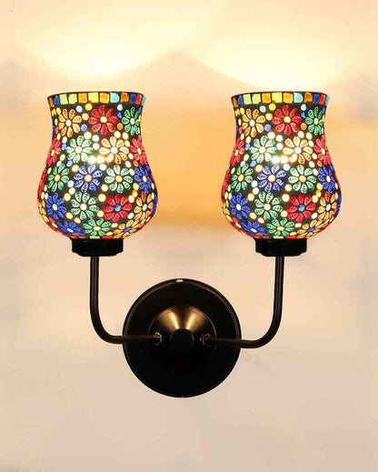 Handcrafted Detailed Mosaic Glass Wall Mounted Dual Lamp With Iron Base | Set of 2 | 5 x 11 x 14 inches