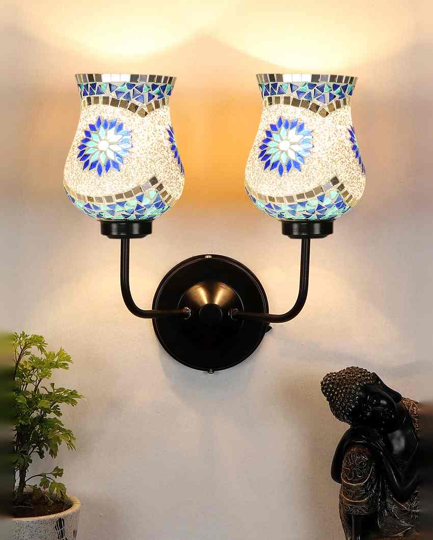 Intricate Elegant Mosaic Glass Wall Mounted Dual Lamp With Iron Base | Set of 2 | 5 x 11 x 14 inches