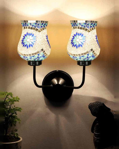 Intricate Elegant Mosaic Glass Wall Mounted Dual Lamp With Iron Base | Set of 2 | 5 x 11 x 14 inches