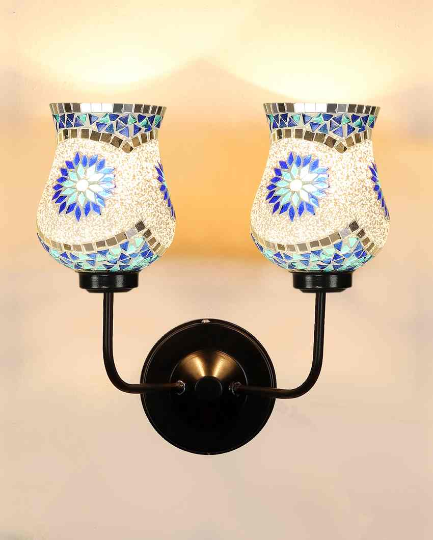 Intricate Elegant Mosaic Glass Wall Mounted Dual Lamp With Iron Base | Set of 2 | 5 x 11 x 14 inches