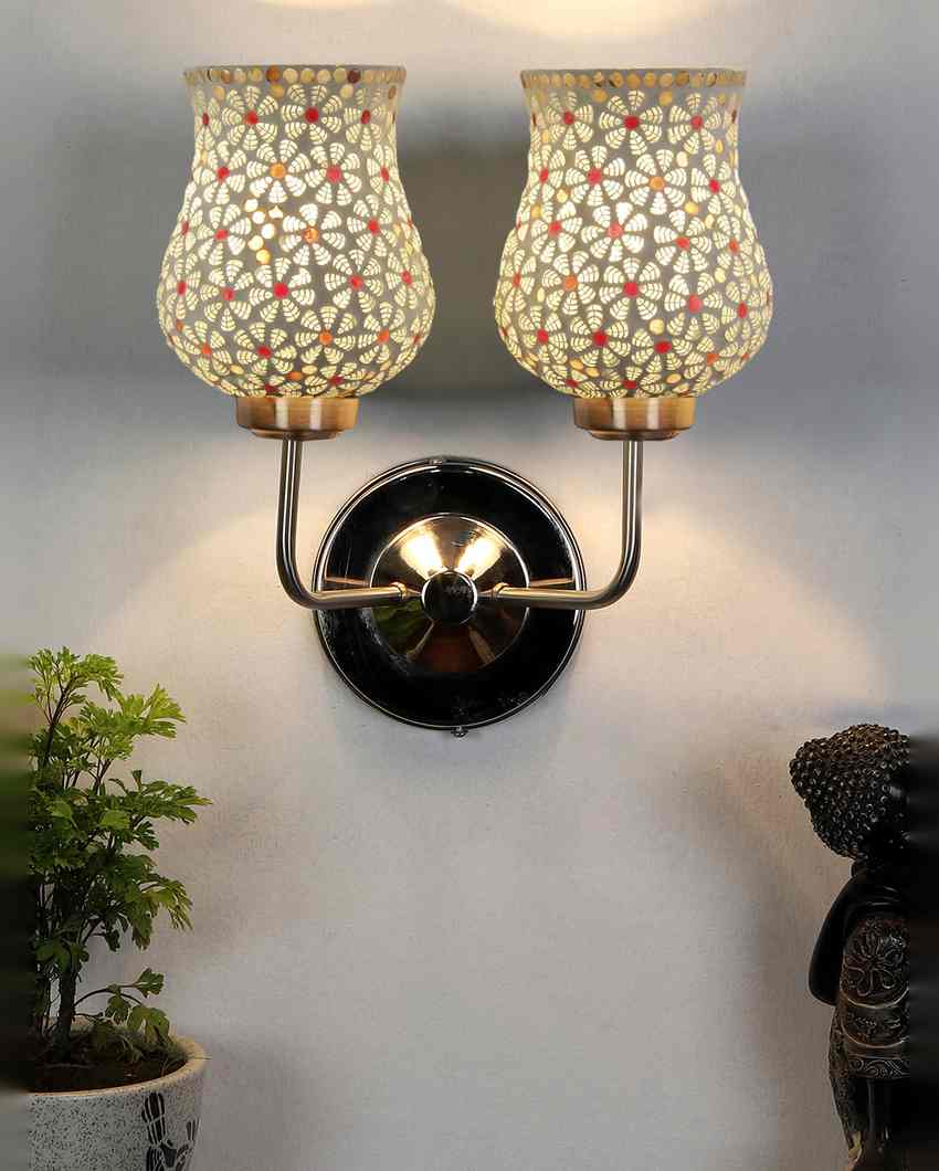 Intricate Mosaic Glass Wall Mounted Dual Lamp With Steel Base | Set of 2 | 5 x 11 x 14 inches