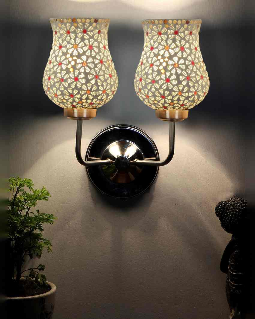 Intricate Mosaic Glass Wall Mounted Dual Lamp With Steel Base | Set of 2 | 5 x 11 x 14 inches