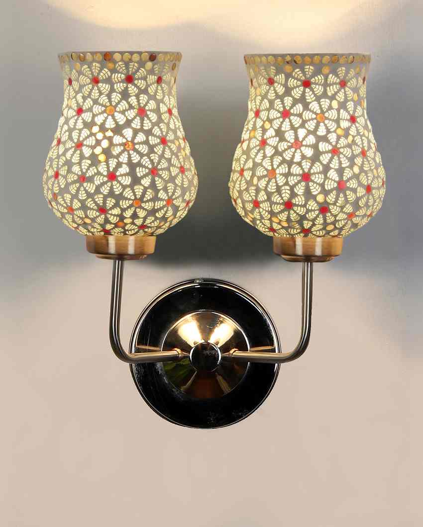 Intricate Mosaic Glass Wall Mounted Dual Lamp With Steel Base | Set of 2 | 5 x 11 x 14 inches