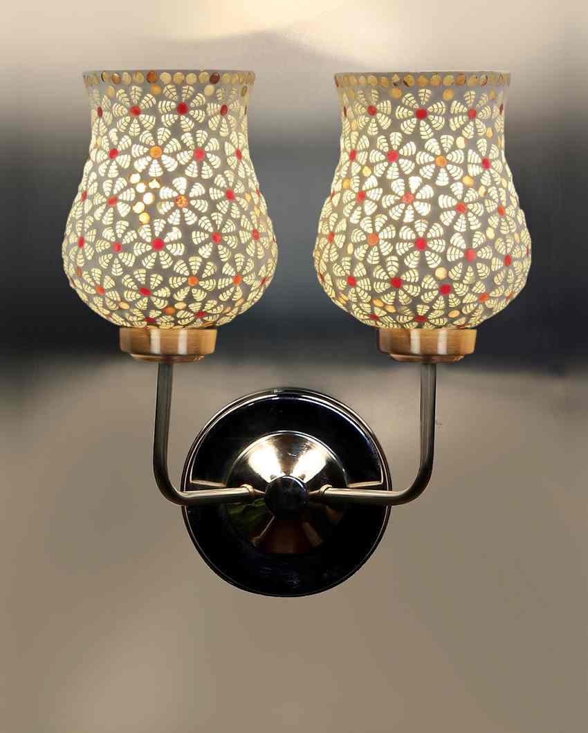 Intricate Mosaic Glass Wall Mounted Dual Lamp With Steel Base | Set of 2 | 5 x 11 x 14 inches