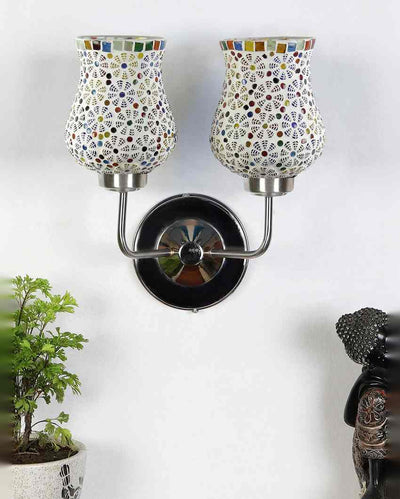 Decorative Mosaic Glass Wall Mounted Dual Lamp With Steel Base | Set of 2 | 5 x 11 x 14 inches