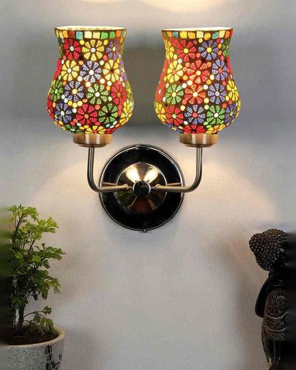 Decorative Mosaic Glass Wall Mounted Dual Lamp With Steel Base | Set of 2 | 5 x 11 x 14 inches