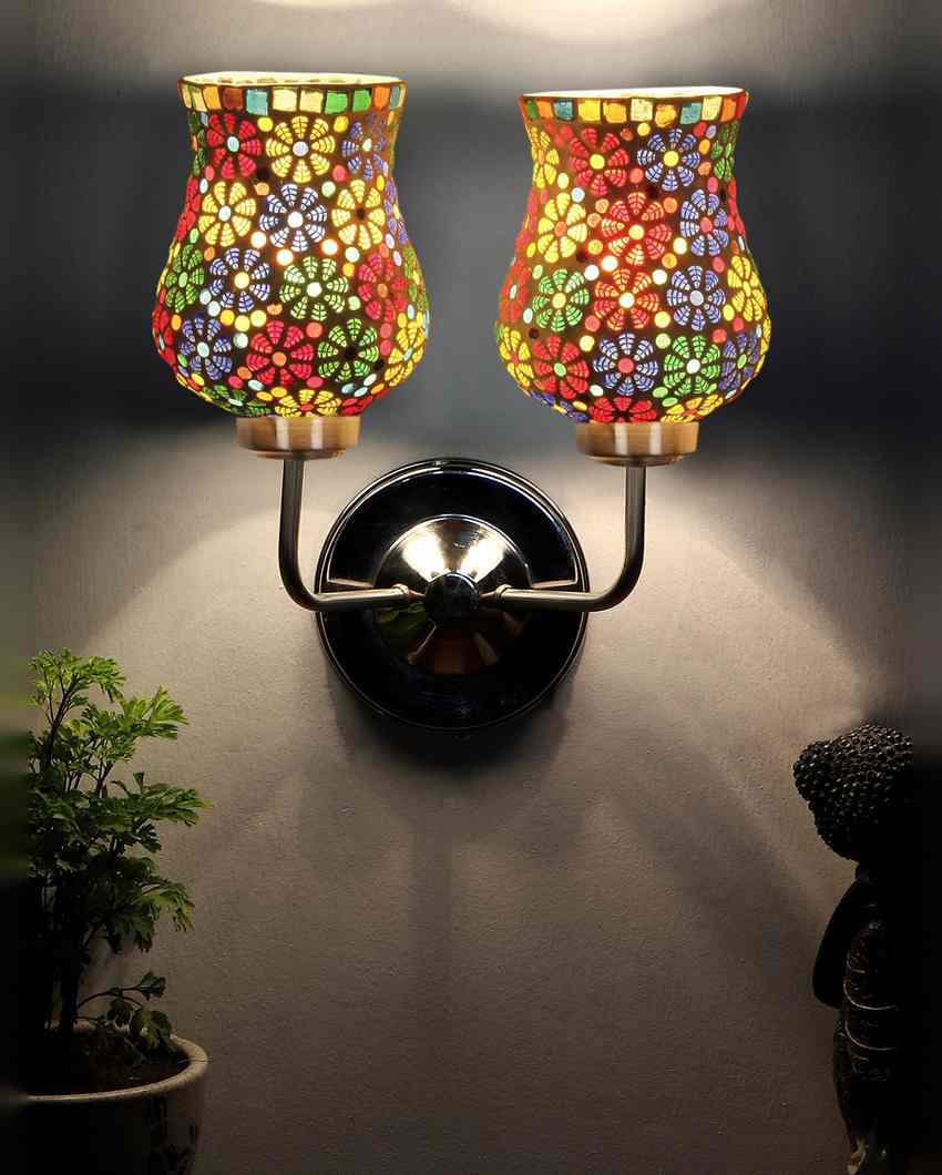 Decorative Mosaic Glass Wall Mounted Dual Lamp With Steel Base | Set of 2 | 5 x 11 x 14 inches