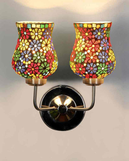 Decorative Mosaic Glass Wall Mounted Dual Lamp With Steel Base | Set of 2 | 5 x 11 x 14 inches