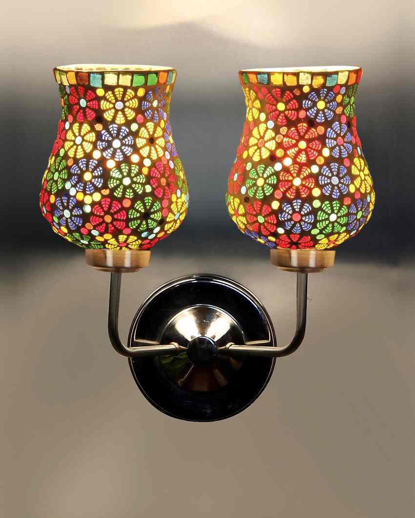 Decorative Mosaic Glass Wall Mounted Dual Lamp With Steel Base | Set of 2 | 5 x 11 x 14 inches