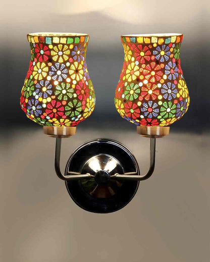 Decorative Mosaic Glass Wall Mounted Dual Lamp With Steel Base | Set of 2 | 5 x 11 x 14 inches