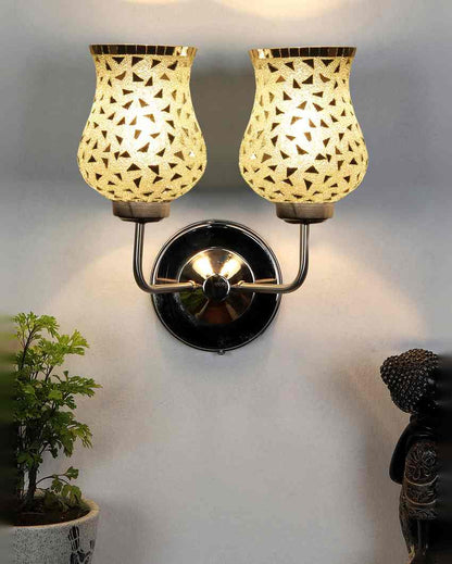 Elegant Detailed Mosaic Glass Wall Mounted Dual Lamp With Steel Base | Set of 2 | 5 x 11 x 14 inches