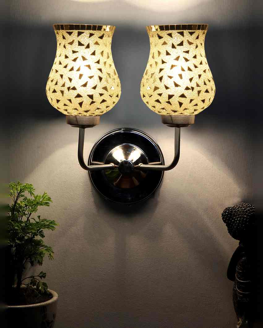 Elegant Detailed Mosaic Glass Wall Mounted Dual Lamp With Steel Base | Set of 2 | 5 x 11 x 14 inches