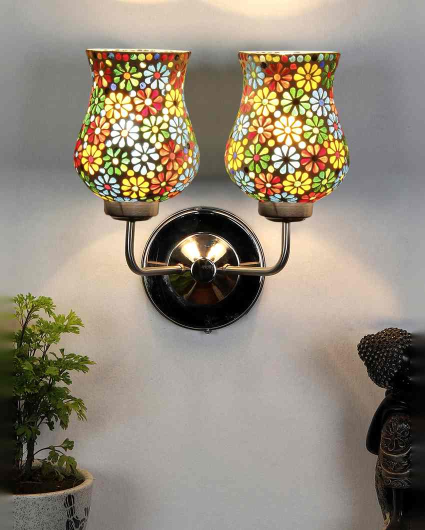 Colorful Unique Mosaic Glass Wall Mounted Dual Lamp With Steel Base | Set of 2 | 5 x 11 x 14 inches