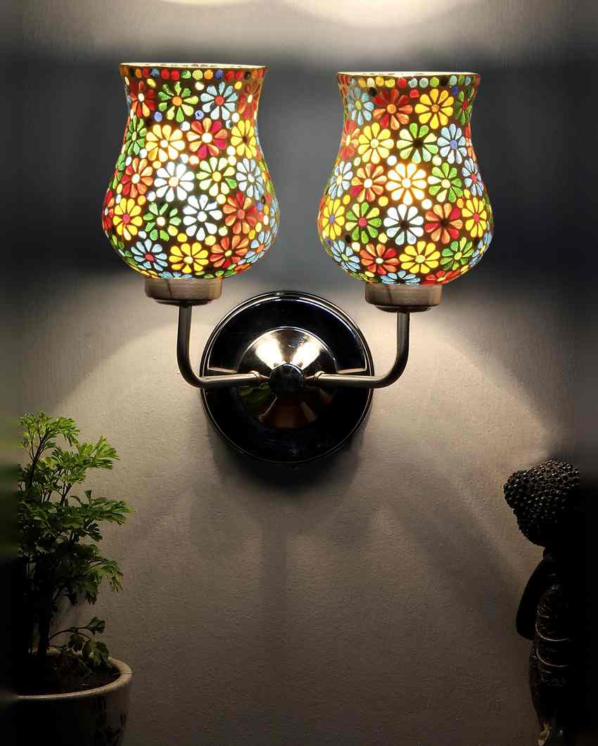 Colorful Unique Mosaic Glass Wall Mounted Dual Lamp With Steel Base | Set of 2 | 5 x 11 x 14 inches