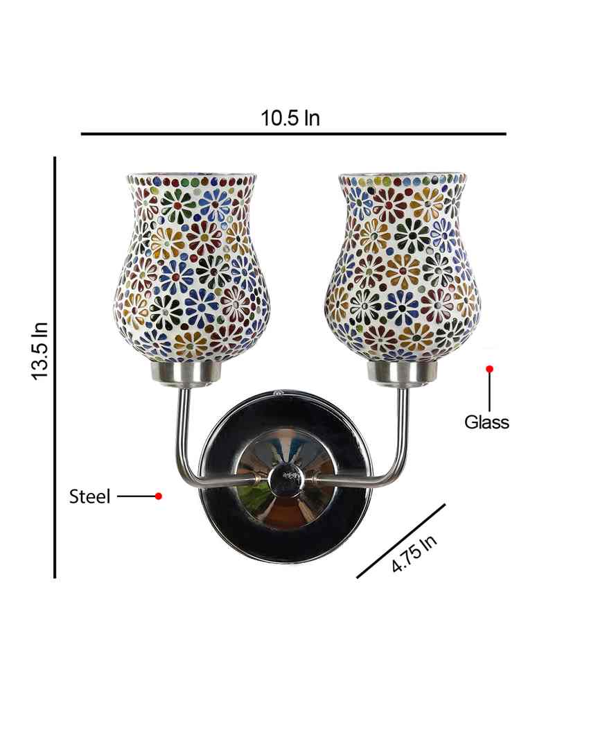 Colorful Unique Mosaic Glass Wall Mounted Dual Lamp With Steel Base | Set of 2 | 5 x 11 x 14 inches