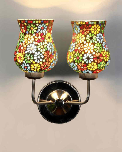 Colorful Unique Mosaic Glass Wall Mounted Dual Lamp With Steel Base | Set of 2 | 5 x 11 x 14 inches