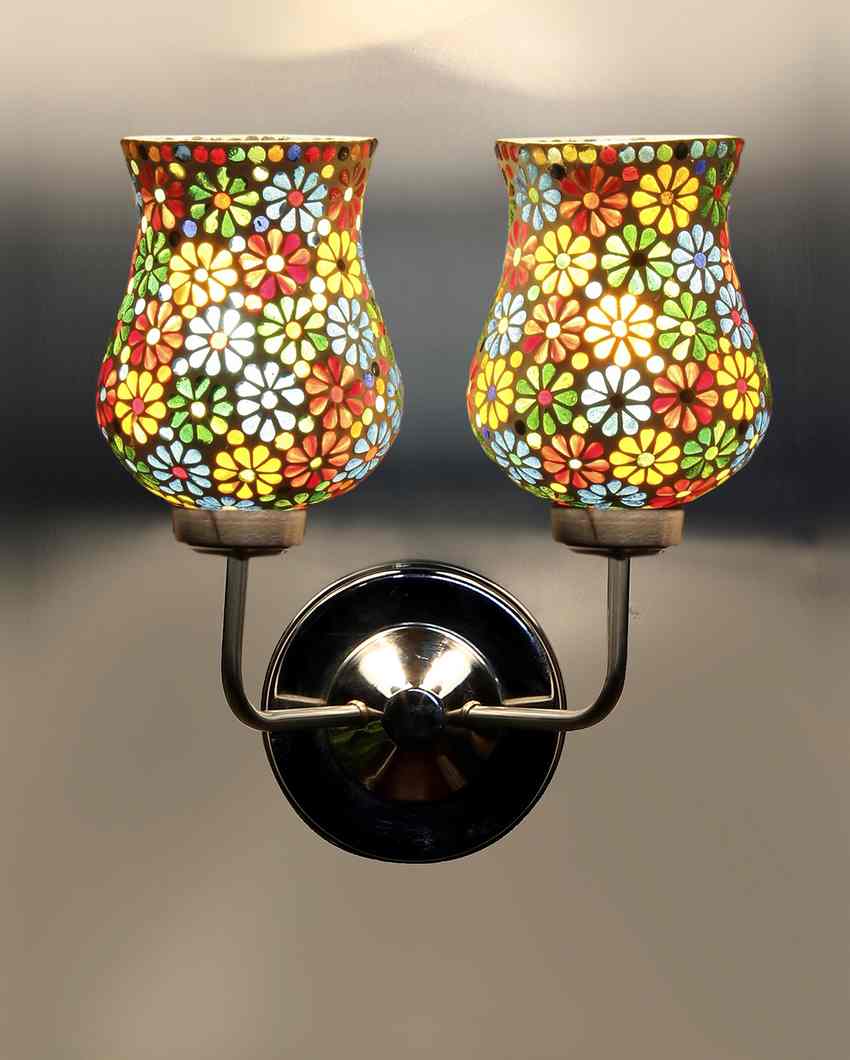 Colorful Unique Mosaic Glass Wall Mounted Dual Lamp With Steel Base | Set of 2 | 5 x 11 x 14 inches