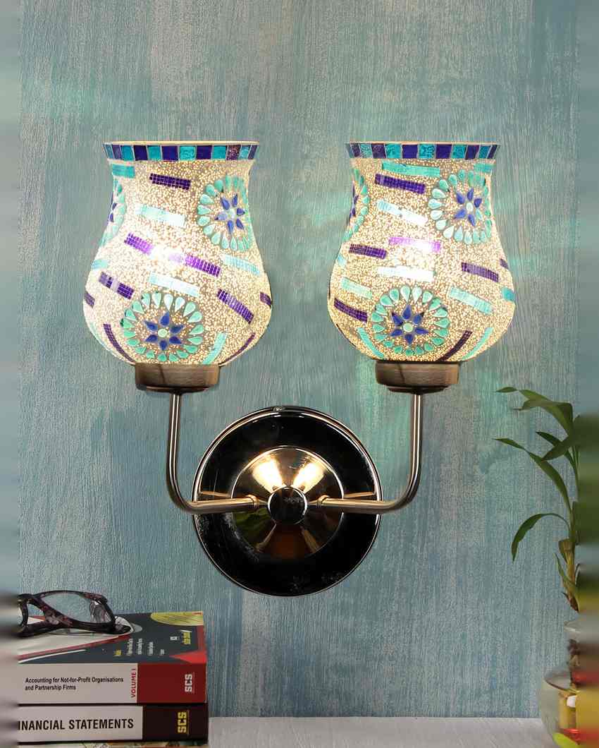 Artisan Mosaic Glass Wall Mounted Dual Lamp With Steel Base | Set of 2 | 5 x 11 x 14 inches