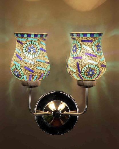 Artisan Mosaic Glass Wall Mounted Dual Lamp With Steel Base | Set of 2 | 5 x 11 x 14 inches