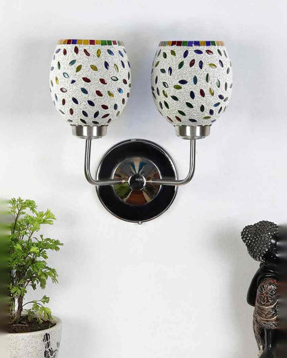 Handcrafted Artistic Mosaic Glass Wall Mounted Dual Lamp With Steel Base | Set of 2 | 5 x 11 x 14 inches