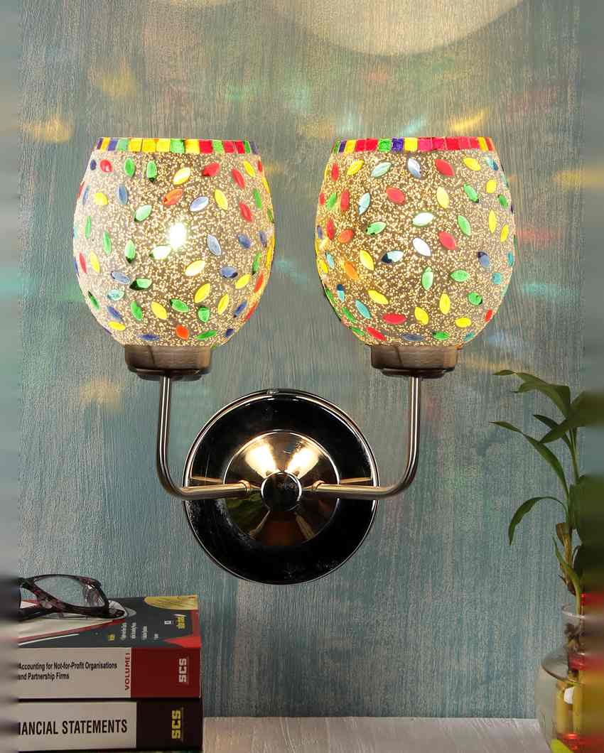 Handcrafted Artistic Mosaic Glass Wall Mounted Dual Lamp With Steel Base | Set of 2 | 5 x 11 x 14 inches